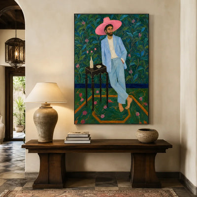 Pink Hat Gentleman Wall Art styled interior scene 2 | Olyrel