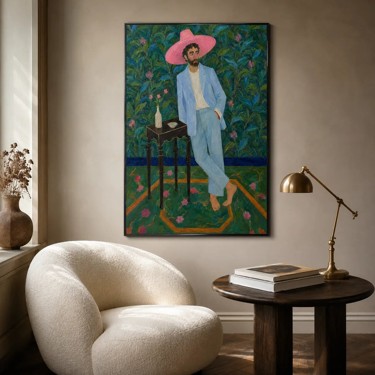 Pink Hat Gentleman Wall Art styled interior scene 3 | Olyrel