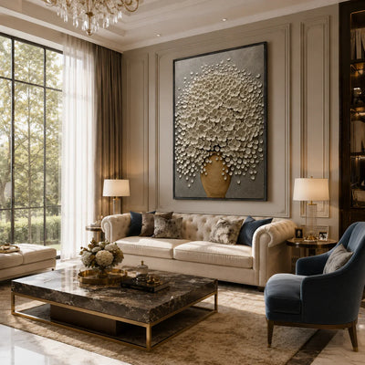White Blossom Floral Wall Art styled in a living room | Olyrel