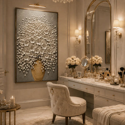 White Blossom Floral Wall Art styled in a dressing room | Olyrel