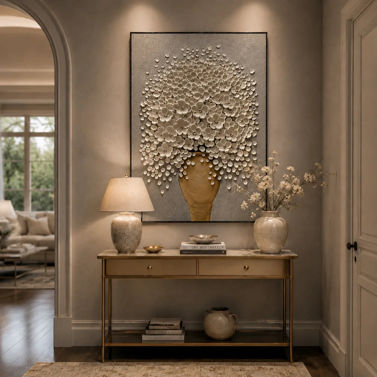 White Blossom Floral Wall Art styled in a entryway | Olyrel