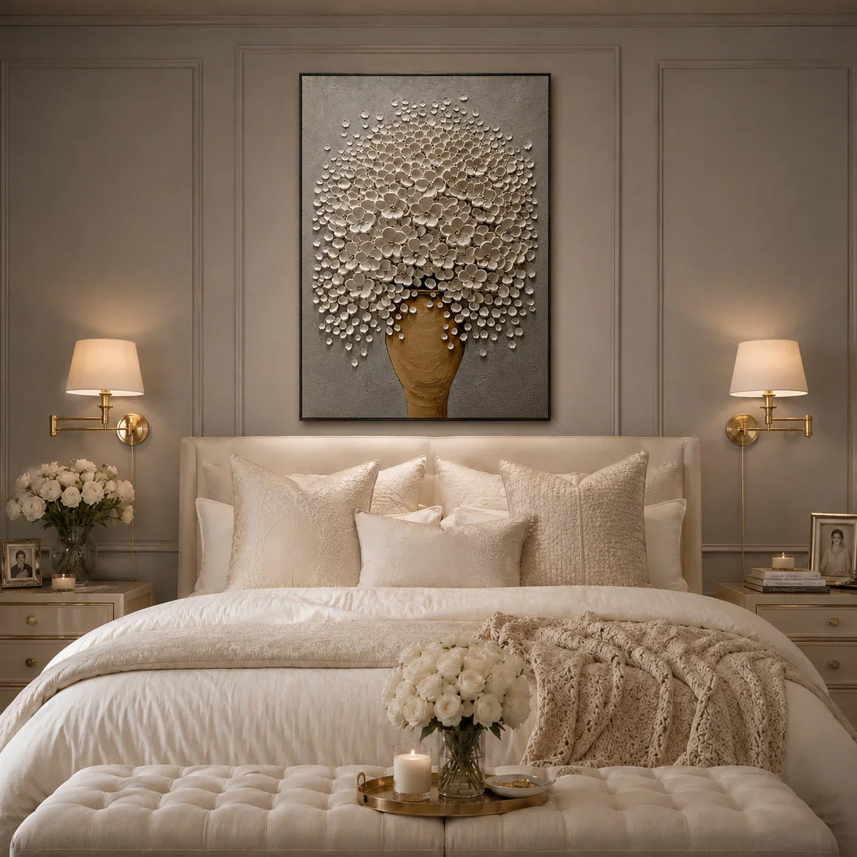 White Blossom Floral Wall Art styled in a bedroom | Olyrel
