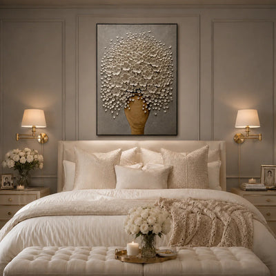 White Blossom Floral Wall Art styled in a bedroom | Olyrel