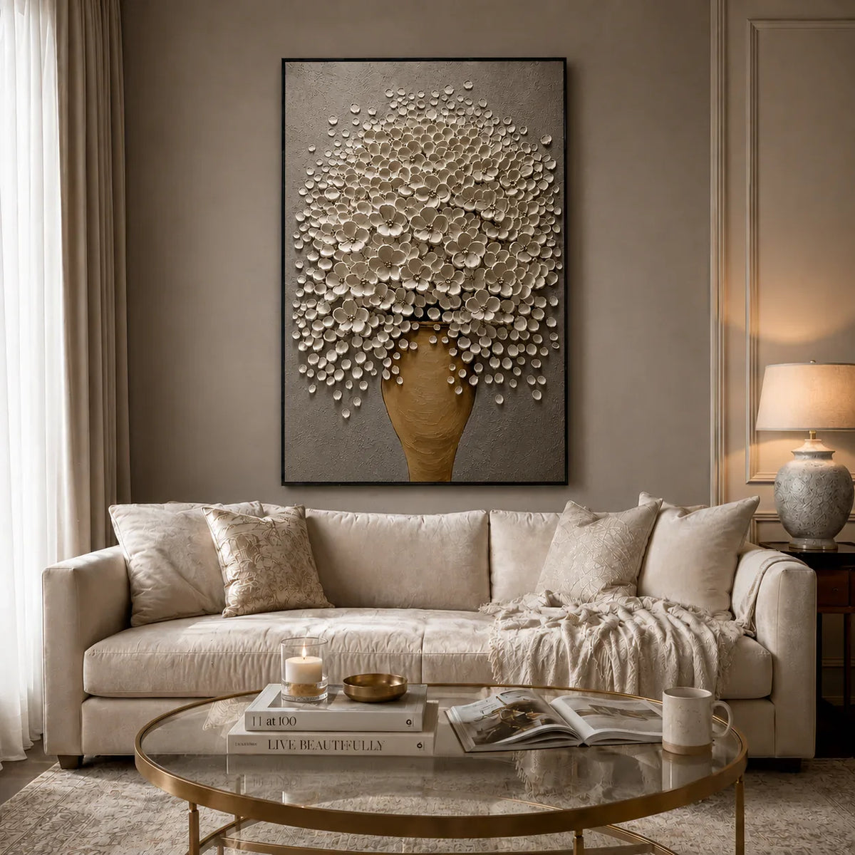 White Blossom Floral Wall Art styled in a living room | Olyrel