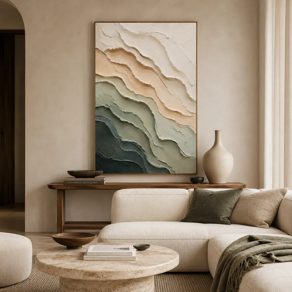 Sage Strata Textured Wall Art styled interior scene 1 | Olyrel