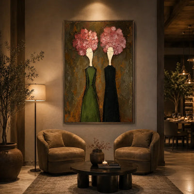 Pink Bloom Figure Wall Art displayed above a sofa in a neutral interior | Olyrel