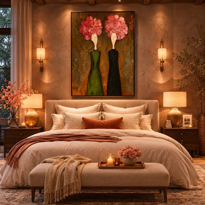 Pink Bloom Figure Wall Art shown in a calm bedroom setting | Olyrel