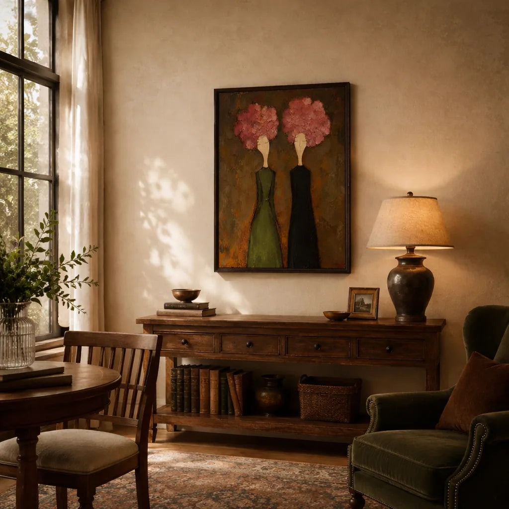 Pink Bloom Figure Wall Art styled with minimal interior decor | Olyrel