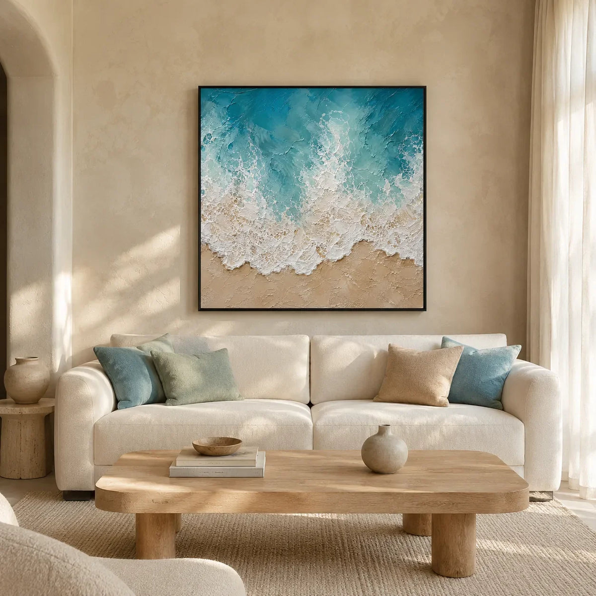 Seafoam Lace Textured Wall Art styled interior scene 1 | Olyrel