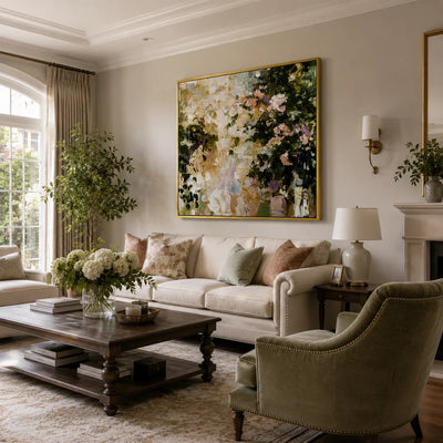Garden Bloom Floral Wall Art shown in a calm bedroom setting | Olyrel