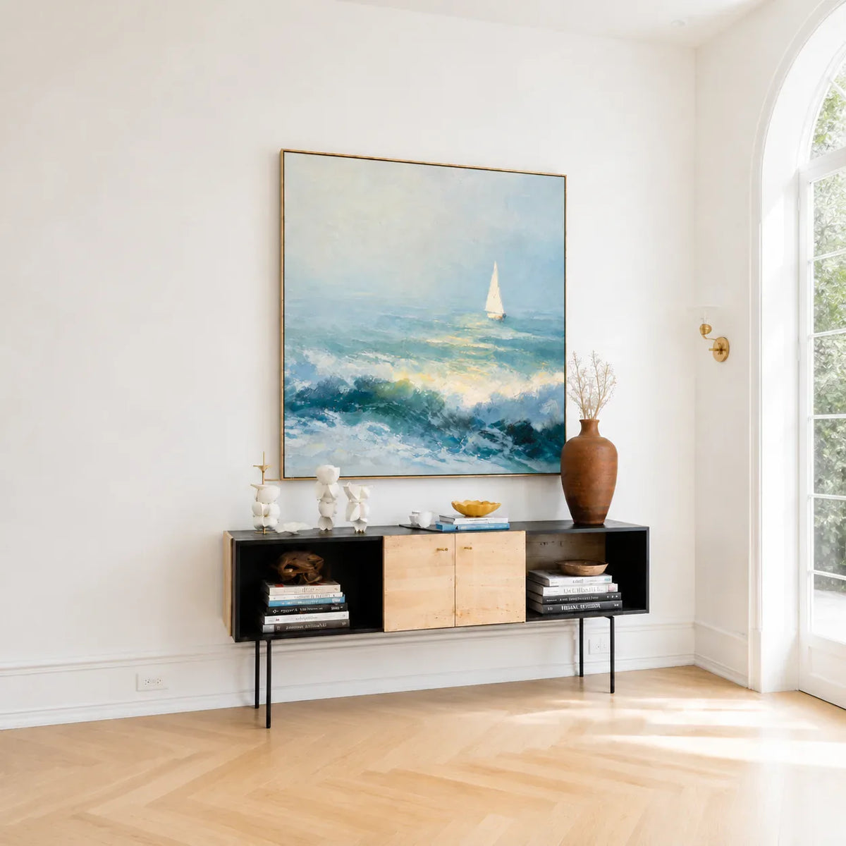 Blue Sail Seascape Wall Art in a bright console room | Olyrel