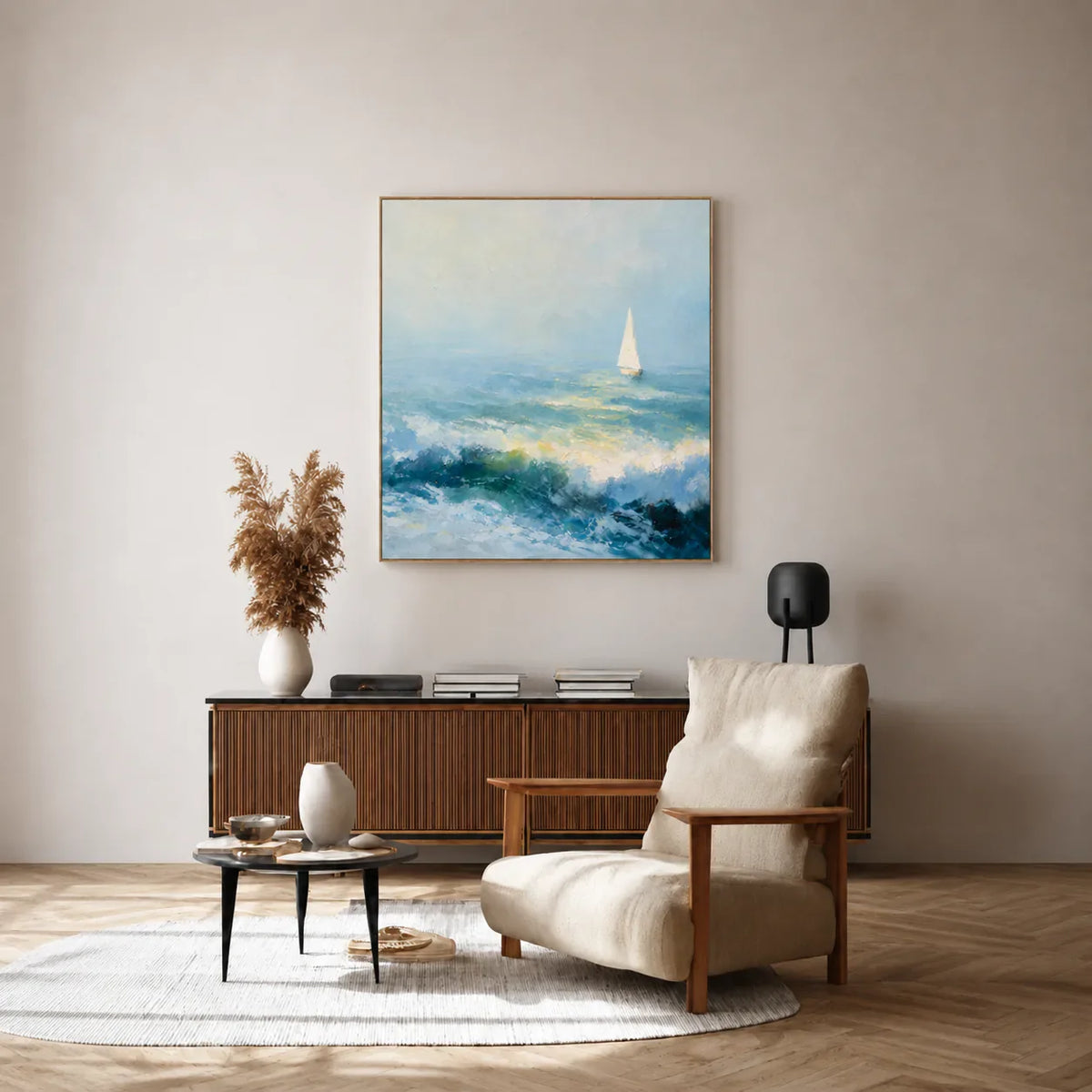 Blue Sail Seascape Wall Art in a warm modern living room | Olyrel