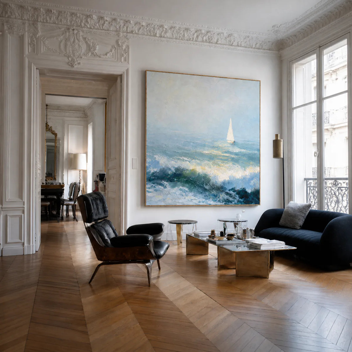 Blue Sail Seascape Wall Art in a Parisian living room | Olyrel