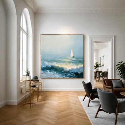 Blue Sail Seascape Wall Art in a bright contemporary lounge | Olyrel