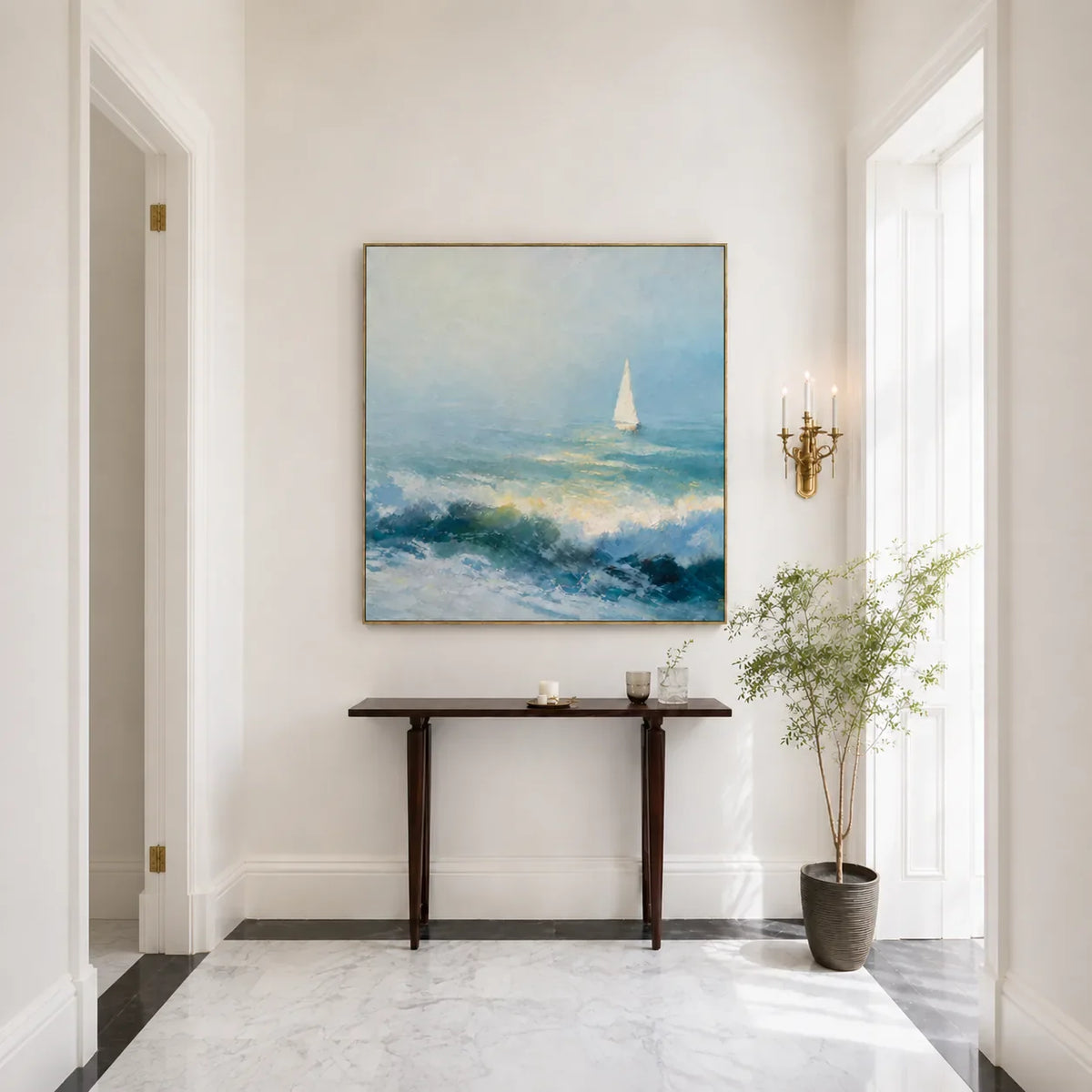 Blue Sail Seascape Wall Art in a sunlit entryway | Olyrel