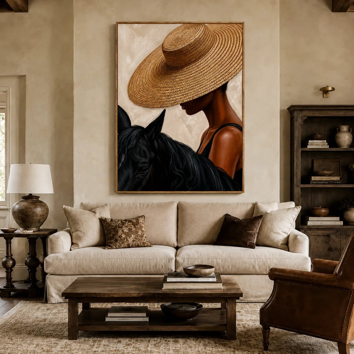 Straw Hat Horsewoman Wall Art styled interior scene 1 | Olyrel