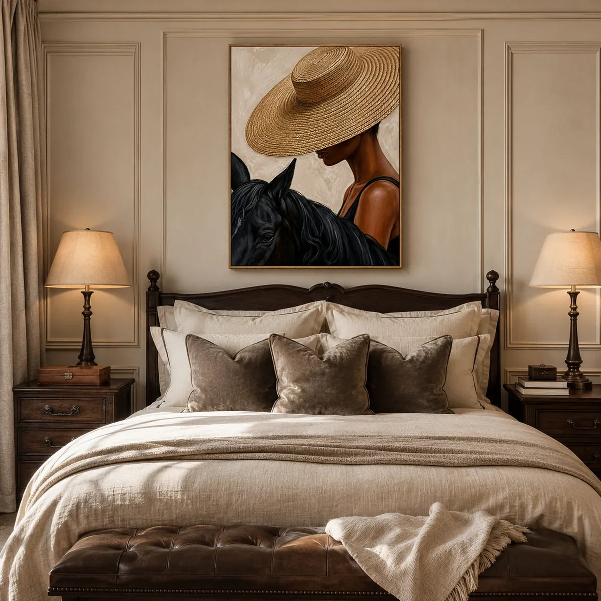 Straw Hat Horsewoman Wall Art styled interior scene 2 | Olyrel