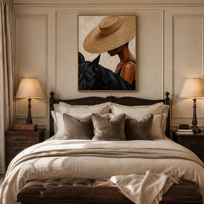 Straw Hat Horsewoman Wall Art styled interior scene 2 | Olyrel