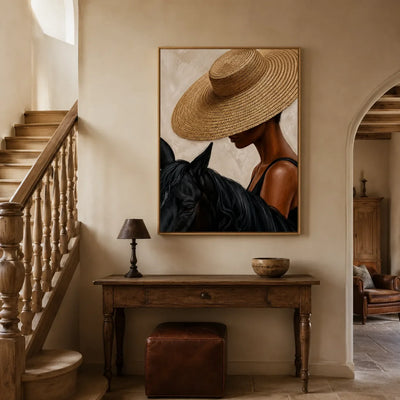 Straw Hat Horsewoman Wall Art styled interior scene 3 | Olyrel