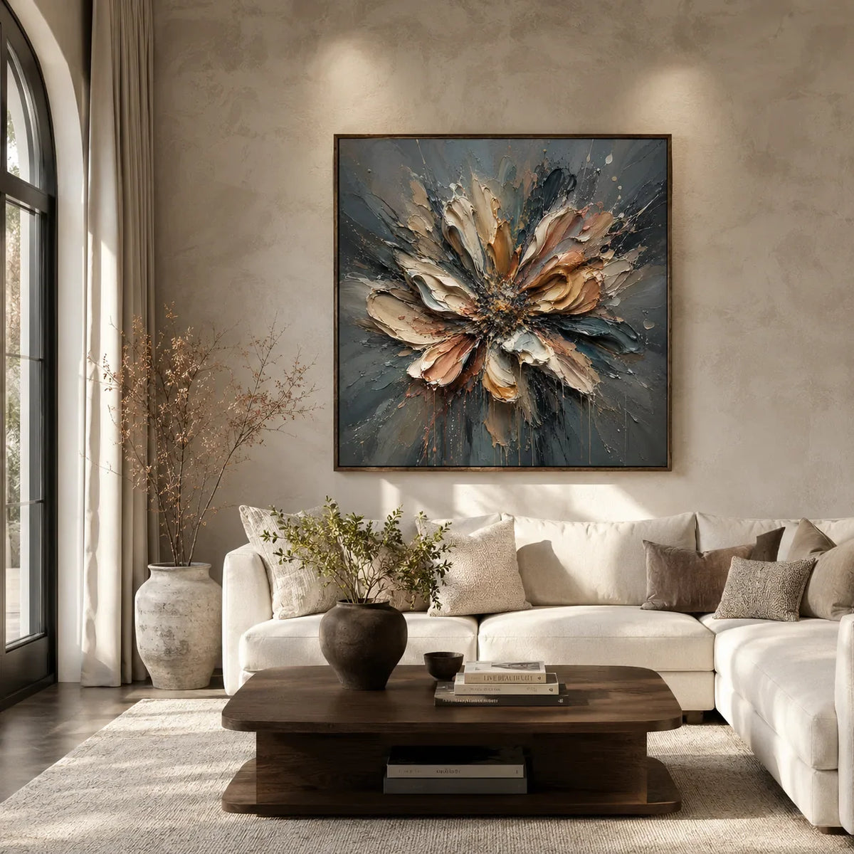 Silver Petal Floral Wall Art styled in a modern living room | Olyrel