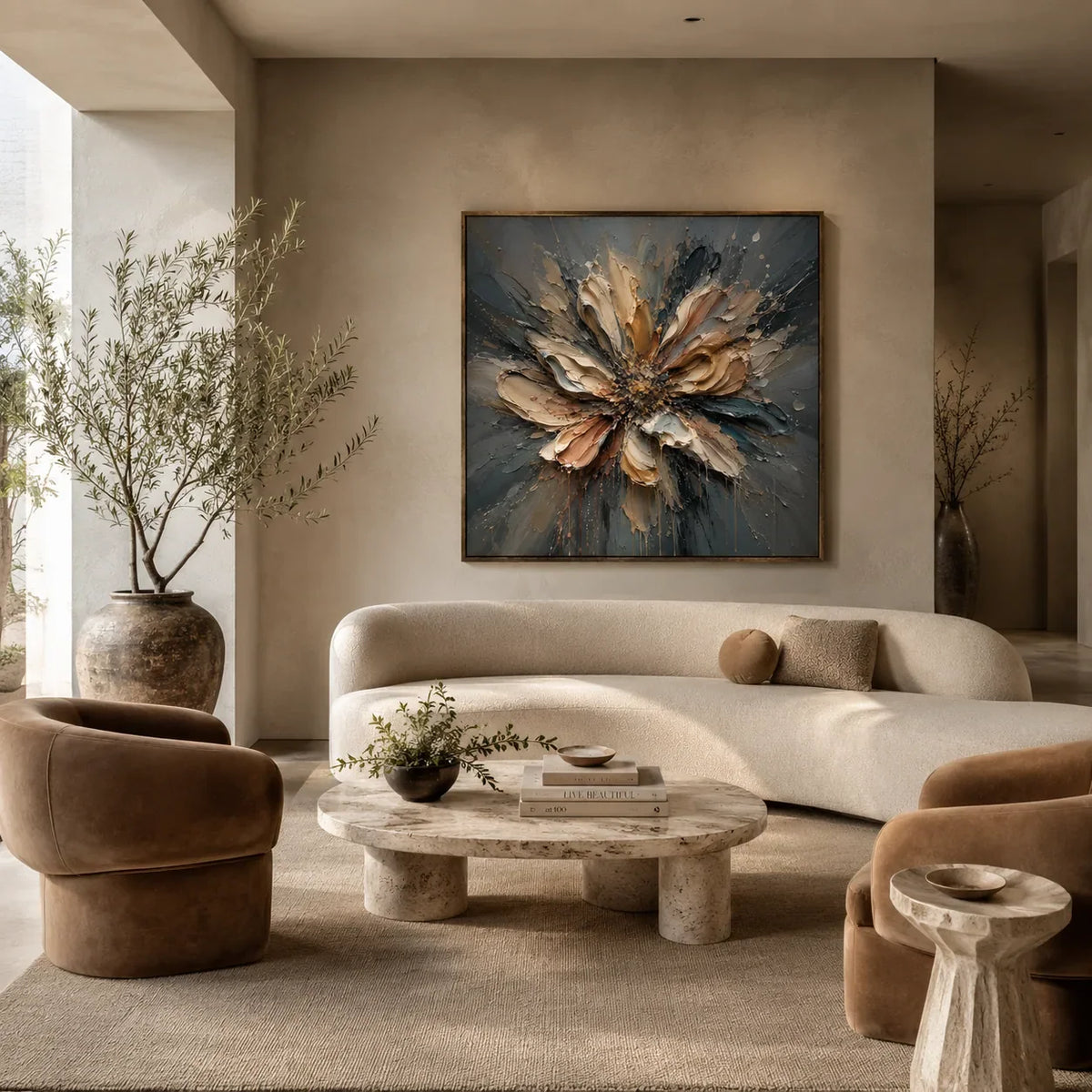 Silver Petal Floral Wall Art displayed above a sofa in a neutral interior | Olyrel