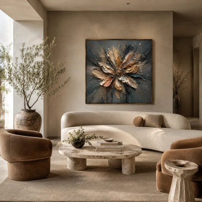 Silver Petal Floral Wall Art displayed above a sofa in a neutral interior | Olyrel