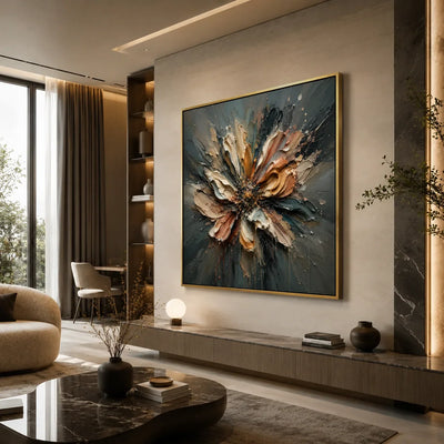 Silver Petal Floral Wall Art styled in a modern living room | Olyrel