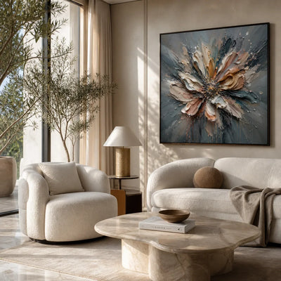 Silver Petal Floral Wall Art styled with minimal interior decor | Olyrel