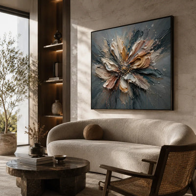 Silver Petal Floral Wall Art shown in a warm residential interior | Olyrel