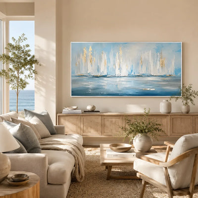 White Sails Ocean Wall Art styled in a modern living room | Olyrel