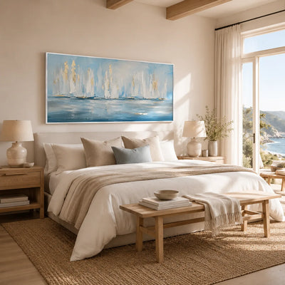 White Sails Ocean Wall Art displayed above a sofa in a neutral interior | Olyrel