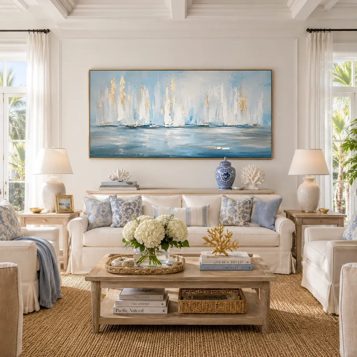 White Sails Ocean Wall Art shown in a calm bedroom setting | Olyrel