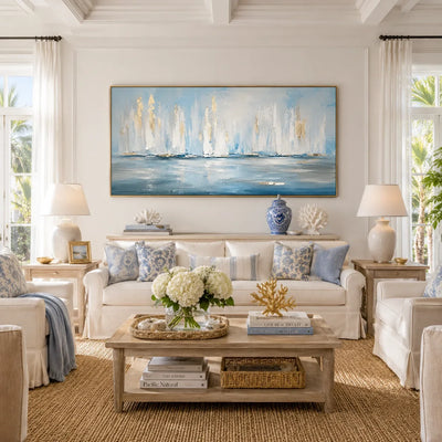 White Sails Ocean Wall Art shown in a calm bedroom setting | Olyrel