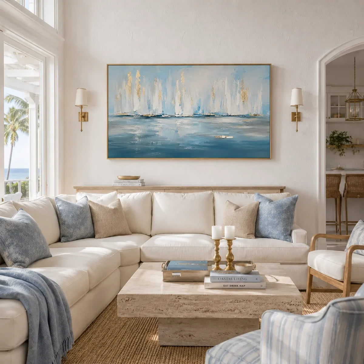 White Sails Ocean Wall Art styled in a contemporary entryway | Olyrel