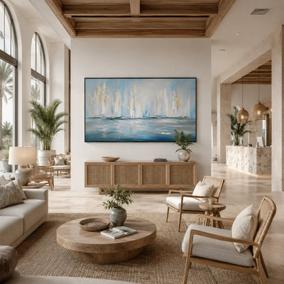 White Sails Ocean Wall Art shown in a quiet home office | Olyrel