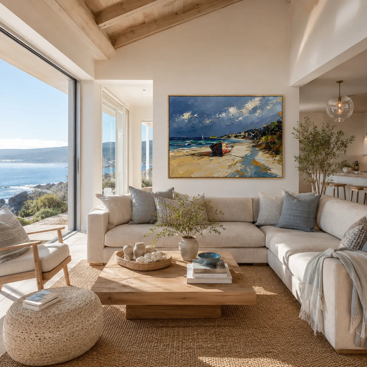 Coastal Path Ocean Wall Art styled in a modern living room | Olyrel
