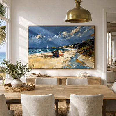 Coastal Path Ocean Wall Art displayed above a sofa in a neutral interior | Olyrel