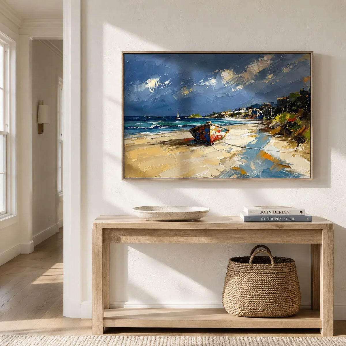 Coastal Path Ocean Wall Art shown in a calm bedroom setting | Olyrel