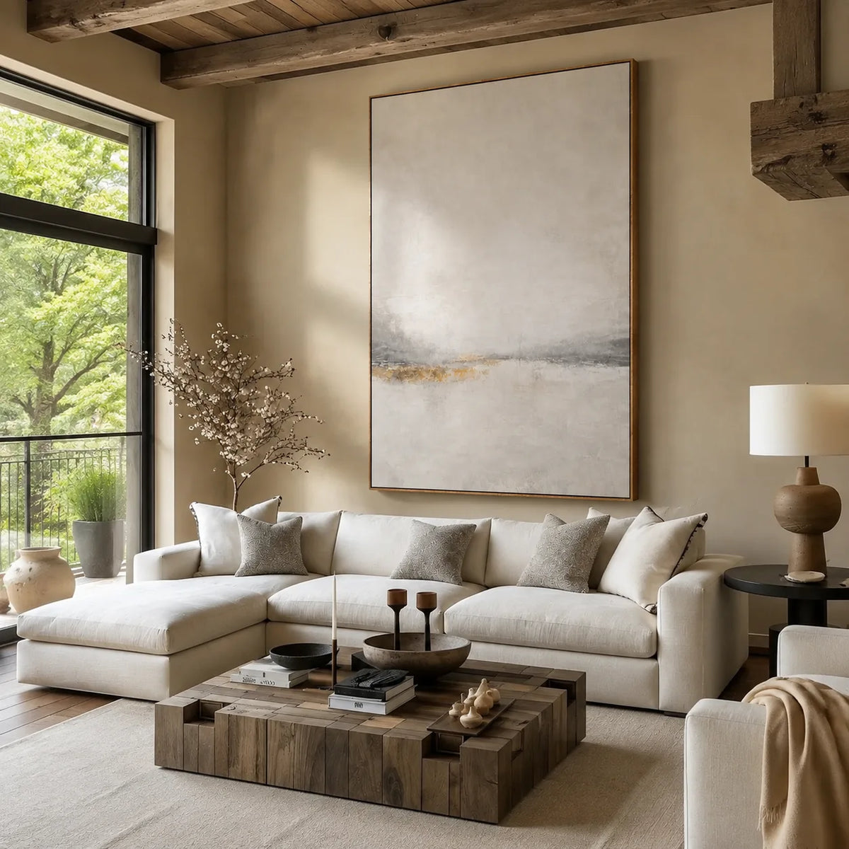 Quiet Gold Horizon Abstract Wall Art styled interior scene 1 | Olyrel