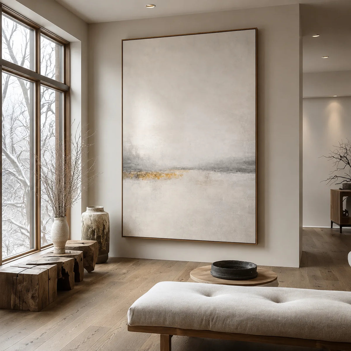 Quiet Gold Horizon Abstract Wall Art styled interior scene 2 | Olyrel