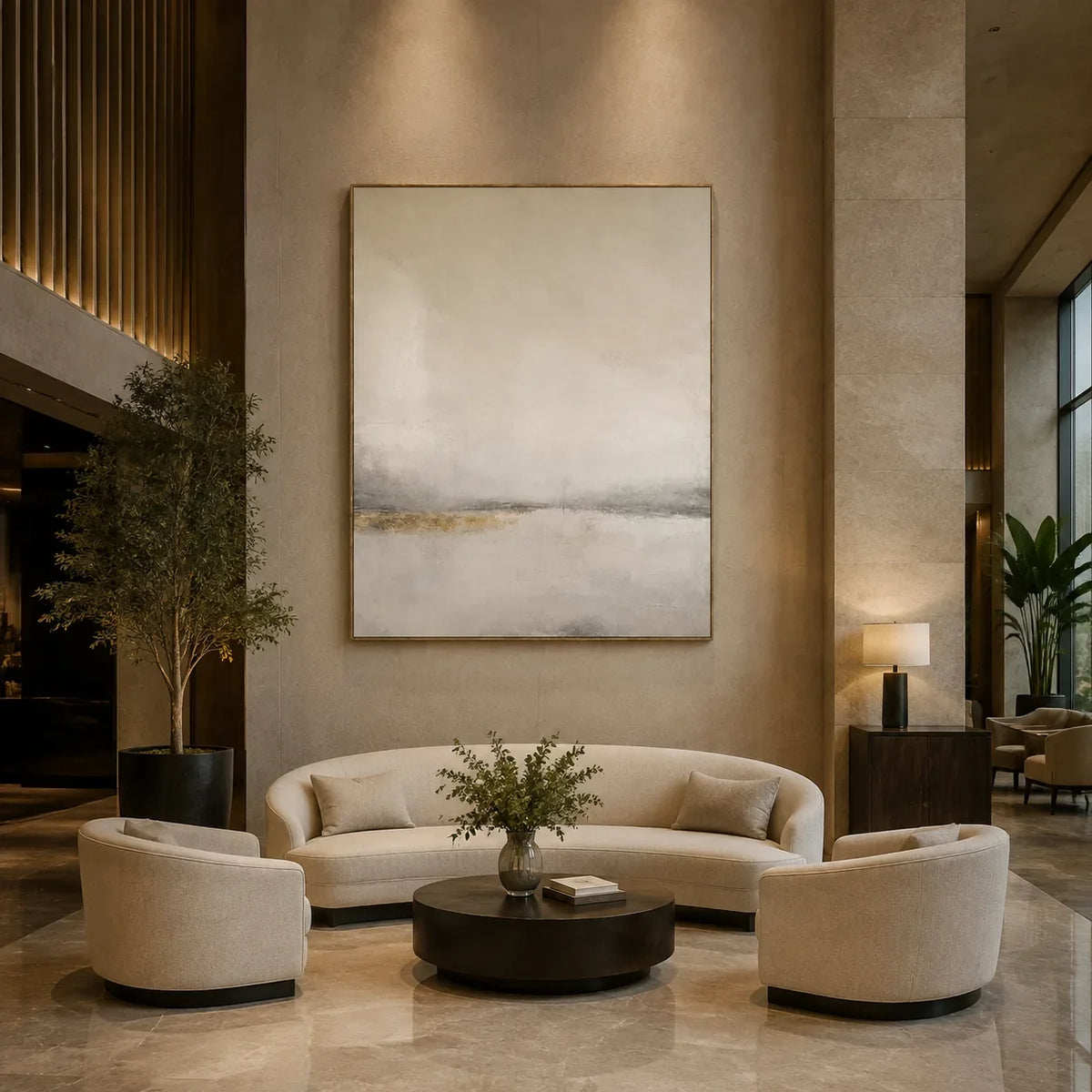 Quiet Gold Horizon Abstract Wall Art styled interior scene 4 | Olyrel
