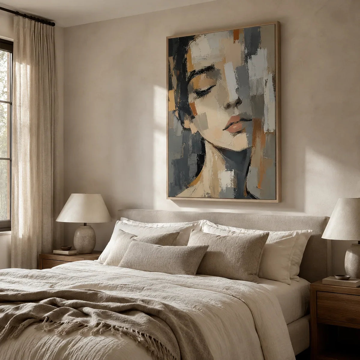 Soft Gaze Portrait Wall Art shown in a calm bedroom setting | Olyrel