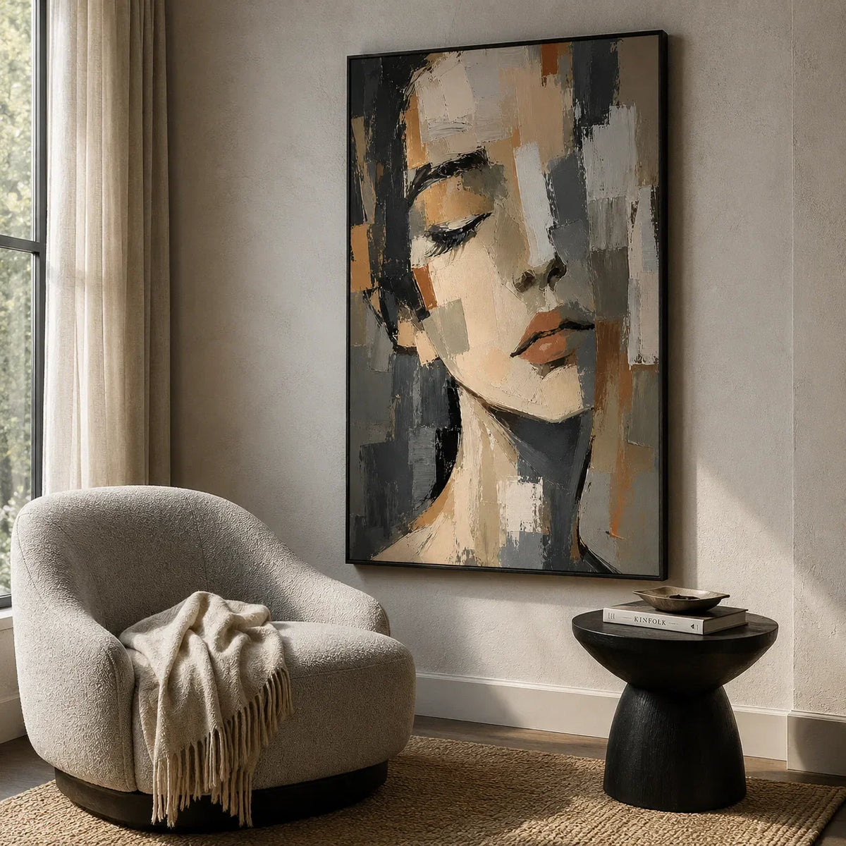 Soft Gaze Portrait Wall Art styled in a contemporary entryway | Olyrel