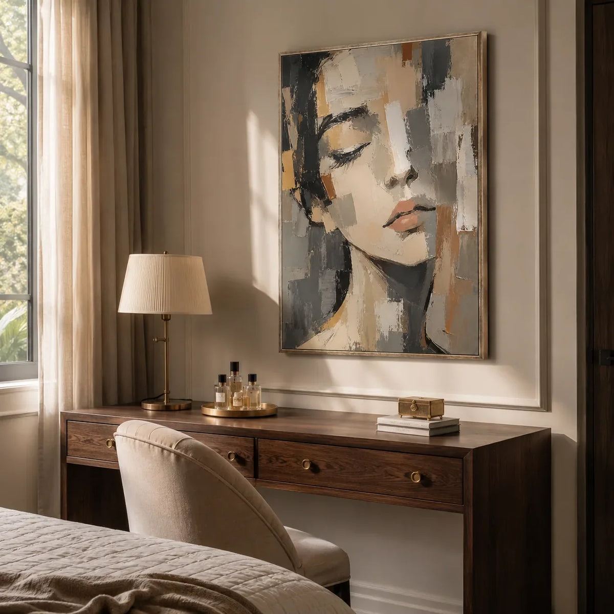 Soft Gaze Portrait Wall Art displayed in a bright dining room | Olyrel