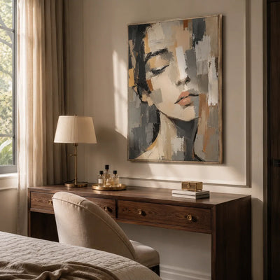 Soft Gaze Portrait Wall Art displayed in a bright dining room | Olyrel