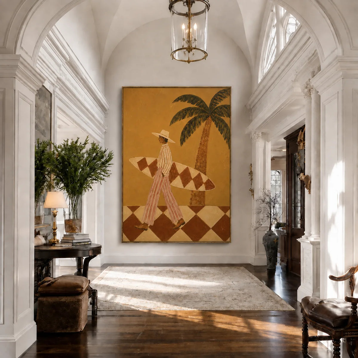 Golden Palm Surfer Wall Art styled interior scene 2 | Olyrel
