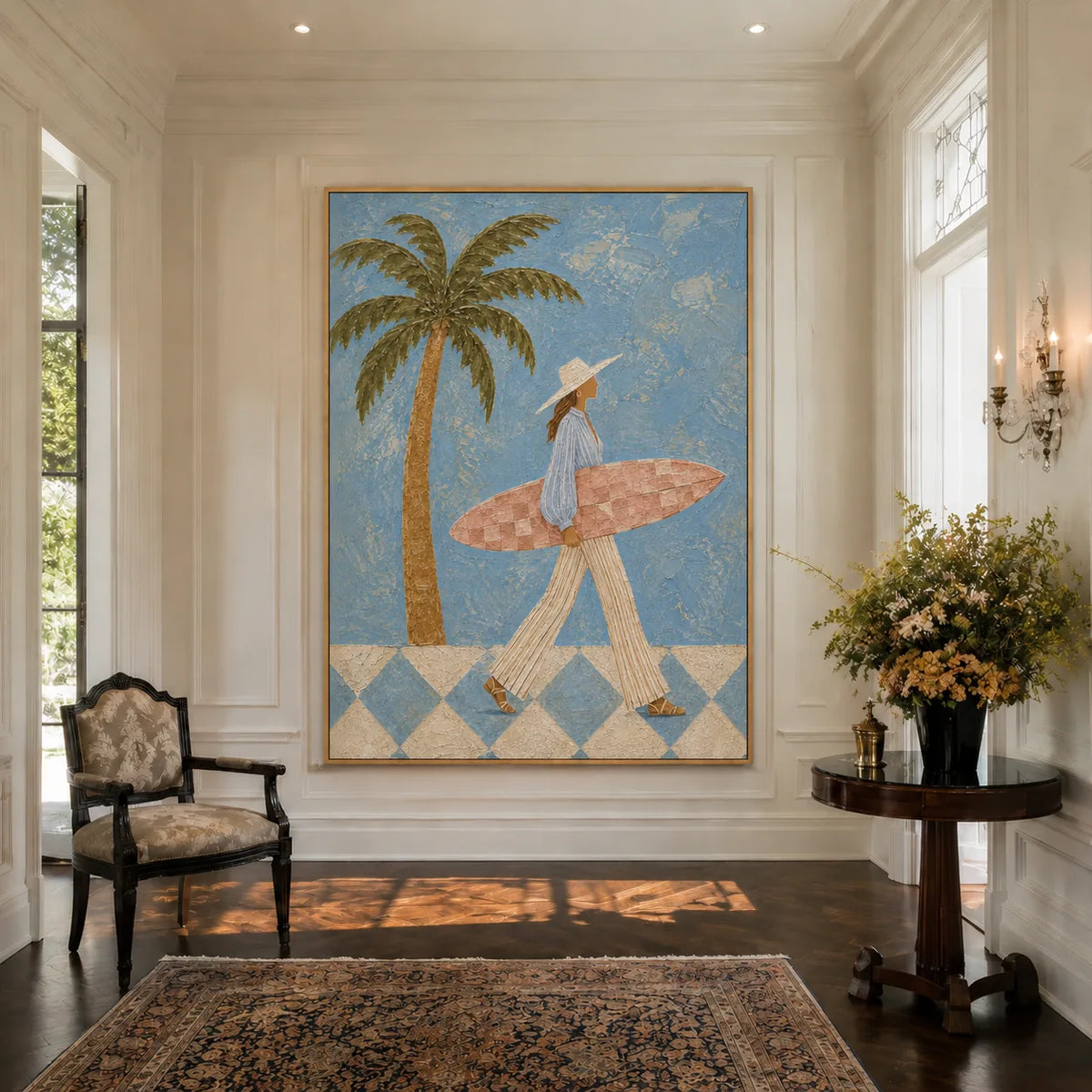 Blue Palm Surfer Wall Art styled interior scene 4 | Olyrel