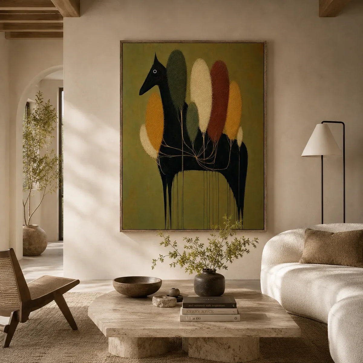 Midnight Grove Horse Wall Art displayed above a sofa in a neutral interior | Olyrel