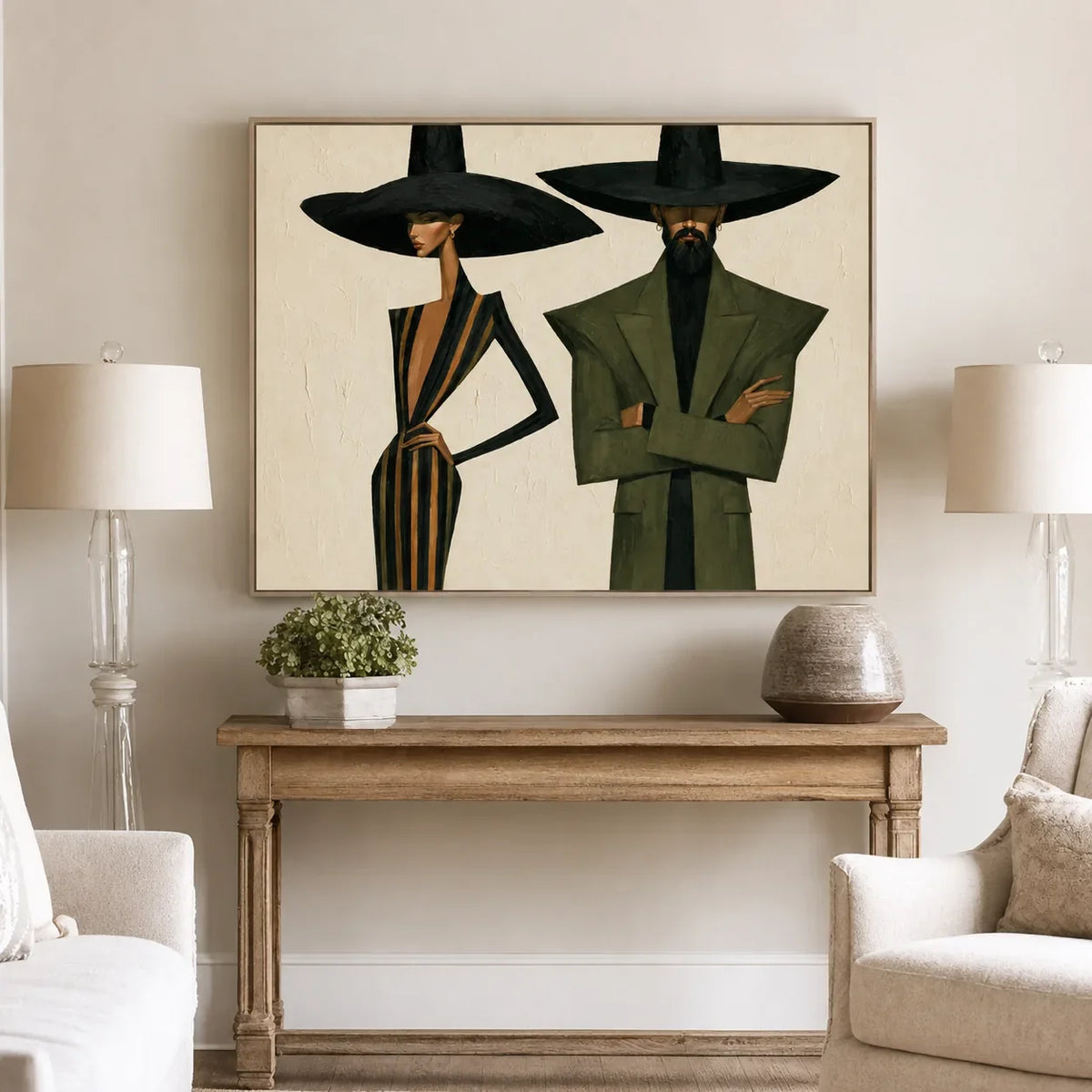 Olive Hat Duo Figure Wall Art styled interior scene 2 | Olyrel