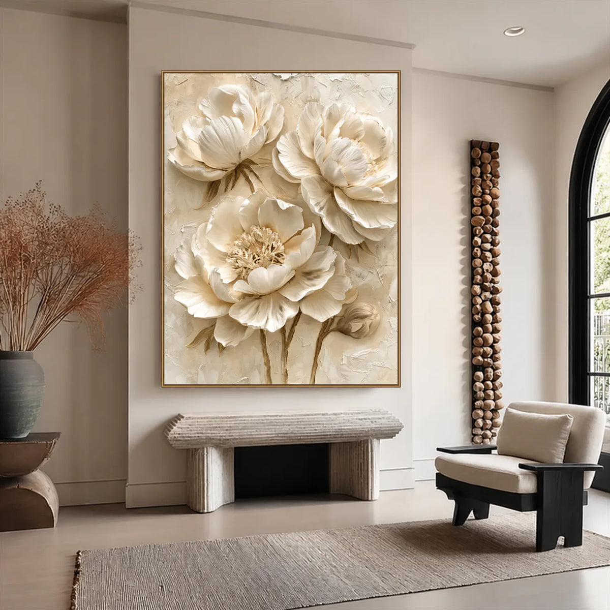 Ivory Peony Relief Wall Art styled interior scene 1 | Olyrel